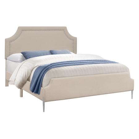 Monarch Specialties Bed, Queen Size, Bedroom, Upholstered, Beige Linen Look, Chrome Metal Legs, Transitional I 6036Q